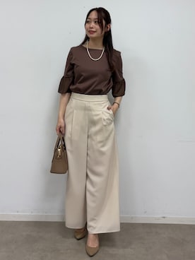 「COUP DE CHANCE（クードシャンス）の【5分袖／日本製／接触冷感】異素材ドッキングカットソー（Tシャツ/カットソー、ブラウン系）」を使った、saesae515さん（レディース）の春コーディネート
