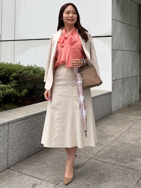 「COUP DE CHANCE（クードシャンス）の【手洗い可／日本製】麻混フレアースカート（スカート、ベージュ系）」を使った、saesae515さん（レディース）の春コーディネート