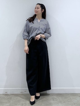「COUP DE CHANCE（クードシャンス）の【手洗い可／日本製】ストライプ柄ジャージートップス（Tシャツ/カットソー、ブルー系）」を使った、saesae515さん（レディース）の春コーディネート