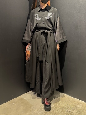 「REZEN（リゼン）の花火プリント袴スカート（スカート、イエロー系）」を使った、闇ちゃんさん（レディース・157cm）の夏コーディネート