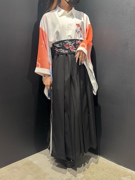 「REZEN（リゼン）のプリーツ切替袴パンツ（その他パンツ、グレー系）」を使った、闇ちゃんさん（レディース・157cm）の夏コーディネート