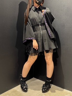 「NIBBLE POISON（ニブルポイズン）のリボン付バックフリルミニＳＫ（スカート、ブラック系）」を使った、闇ちゃんさん（レディース・157cm）の夏コーディネート