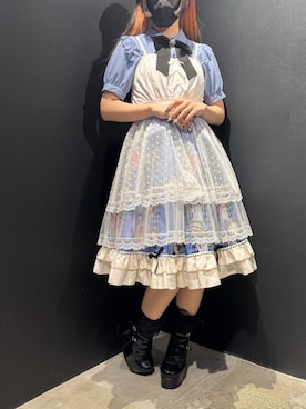 「NIBBLE POISON（ニブルポイズン）のローズリボンブローチブラウス（シャツ/ブラウス、ブルー系）」を使った、闇ちゃんさん（レディース・157cm）の夏コーディネート
