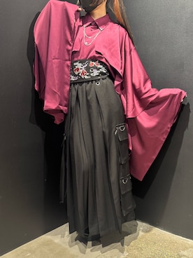 「REZEN（リゼン）の襟金具フリル和袖シャツ（シャツ/ブラウス、レッド系）」を使った、闇ちゃんさん（レディース・157cm）の夏コーディネート
