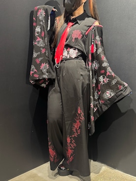 「REZEN（リゼン）の百鬼夜行プリント和袖シャツ（シャツ/ブラウス、レッド系）」を使った、闇ちゃんさん（レディース・157cm）の夏コーディネート