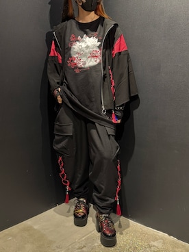 「REZEN（リゼン）のレースアップ×タッセル羽織（その他アウター、レッド系）」を使った、闇ちゃんさん（レディース・157cm）の夏コーディネート
