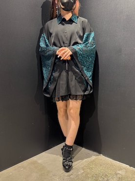 「REZEN（リゼン）のレース切替和袖シャツ（シャツ/ブラウス、ブルー系）」を使った、闇ちゃんさん（レディース・157cm）の夏コーディネート