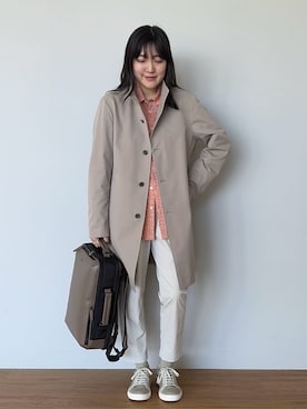 「TAKEO KIKUCHI（タケオキクチ）の播州 ドビーストライプ フラワーシャツ（シャツ/ブラウス、オレンジ系）」を使った、3o0eさん（レディース）の春コーディネート