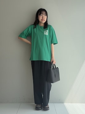 「TAKEO KIKUCHI（タケオキクチ）の【BOWLER HAT LABEL】アイスクリアコットン ピンナップガール 半袖Tシャツ（Tシャツ/カットソー、グリーン系）」を使った、3o0eさん（レディース）の春コーディネート