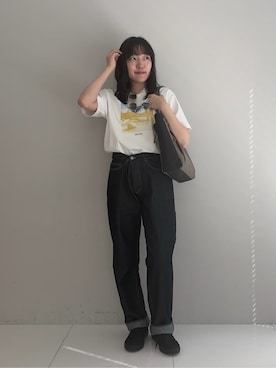 「TAKEO KIKUCHI（タケオキクチ）のマラケシュ フォト Tシャツ（Tシャツ/カットソー、ホワイト系）」を使った、3o0eさん（レディース）の春コーディネート