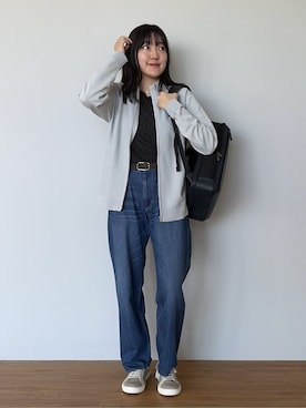 「TAKEO KIKUCHI（タケオキクチ）のジップアップ 鹿の子 ニット（ニット/セーター、グレー系）」を使った、3o0eさん（レディース）の春コーディネート