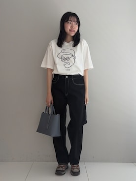 「TAKEO KIKUCHI（タケオキクチ）の【BOWLER HAT LABEL】アイスクリアコットン ワンストローク 半袖Tシャツ（Tシャツ/カットソー、ホワイト系）」を使った、3o0eさん（レディース）の春コーディネート