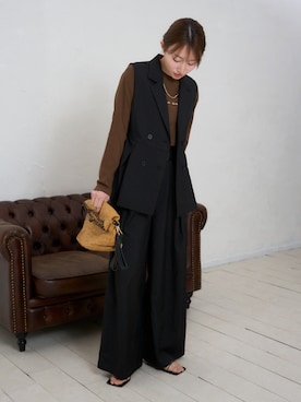 「TRIANGLE PALETTE（トライアングルパレット）のペプラムジレ・ベスト/ セットアップ対応（スーツベスト、ブラック系）」を使った、TRIANGLE PALETTEさん（レディース・163cm）の春コーディネート