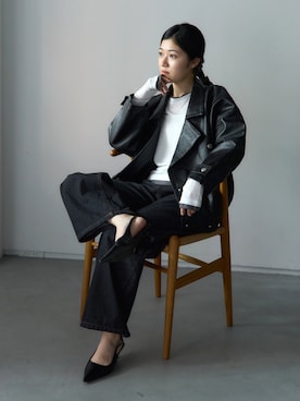 「アイテム（ライダースジャケット）」を使った、TRIANGLE PALETTEさん（レディース・160cm）の冬コーディネート