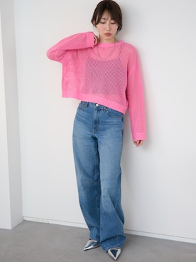 「TRIANGLE PALETTE（トライアングルパレット）のメッシュニットプルオーバー（ニット/セーター、ピンク系）」を使った、TRIANGLE PALETTEさん（レディース・163cm）の春コーディネート