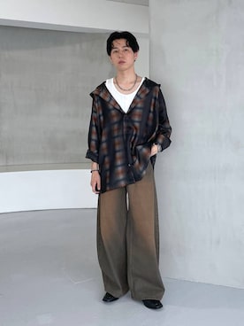 「HARE（ハレ）の【SET UP対応】コーティングカコウデニムパンツ(HARE)（デニムパンツ、ブラウン系）」を使った、k0ta1101さん（メンズ・164cm）の夏コーディネート