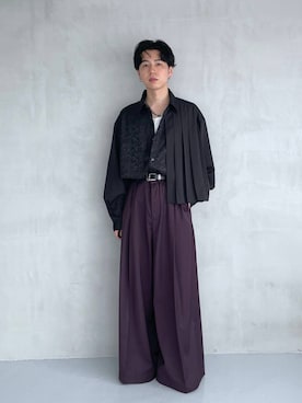 「HARE（ハレ）の【SET UP対応】ドレープワイドトラウザー(HARE)（スラックス、ブラック系）」を使った、k0ta1101さん（メンズ・164cm）の夏コーディネート