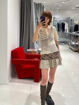「leinwande（ラインヴァンド）の【leinwande】26SS新作 Landscape Crochet Polo（ポロシャツ、ホワイト系）」を使った、HIGASH STAFFさん（レディース・163cm）の夏コーディネート