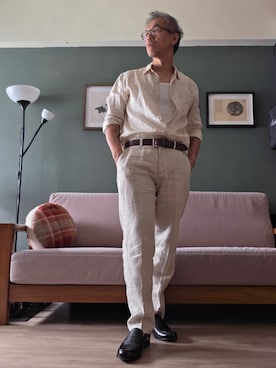 「UNIQLO（ユニクロ）のPremium Linen Shirts（シャツ/ブラウス、ホワイト系）」を使った、Benjamin Hsuさん（メンズ・170cm）の夏コーディネート