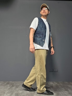 「bakuto893のアイテム（ベスト、ブルー系）」を使った、Benjamin Hsuさん（メンズ・170cm）の夏コーディネート