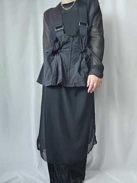 「leimn（レイムン）のドロストサスペンダートップス（ベスト、ブラック系）」を使った、.megさん（レディース・160cm）の秋コーディネート