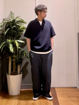 「BACK NUMBER（バックナンバー）のBACK NUMBER(バックナンバー)裾リブショートスリーブＴ（Tシャツ/カットソー、ホワイト系）」を使った、nobata00さん（メンズ）の春コーディネート