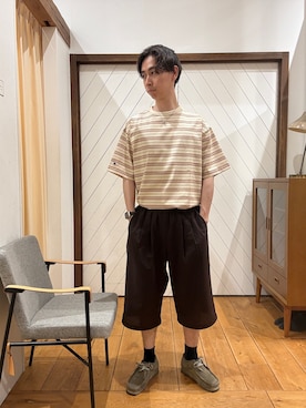 「URBAN RESEARCH DOORS（アーバンリサーチドアーズ）の『別注』CHAMPION×DOORS　BORDER T-SHIRTS（Tシャツ/カットソー、ベージュ系）」を使った、yugoiida1009さん（メンズ・172cm）の春コーディネート