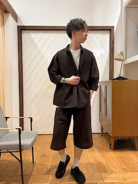 「EKAL（エカル）のDOT AIR LONG-SLEEVE  SHIRTS（シャツ/ブラウス、ブラウン系）」を使った、yugoiida1009さん（メンズ・172cm）の春コーディネート