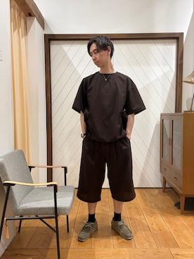 「EKAL（エカル）のDOT AIR SHORT-SLEEVE PULLOVER（Tシャツ/カットソー、ブラウン系）」を使った、yugoiida1009さん（メンズ・172cm）の春コーディネート
