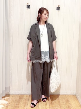 「SHOO・LA・RUE（シューラルー）の【高レビュー/洗濯機可/セットアップ可】軽凛(かろりん) ひんやり半袖ジャケット（テーラードジャケット、ブラウン系）」を使った、あいこさん（レディース・157cm）の夏コーディネート