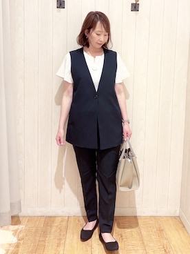 「SHOO・LA・RUE（シューラルー）の【セットアップ可/洗濯後しわになりにくい/S-LL】シンプルで合わせやすい ノーカラージレ（ベスト、ブルー系）」を使った、あいこさん（レディース・157cm）の春コーディネート