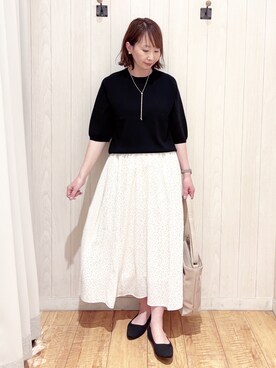 「SHOO・LA・RUE（シューラルー）の【毎日洗える/S-LL/ひんやり/UV】上半身すっきり 二の腕見せない5分袖ニット（ニット/セーター、ブラック系）」を使った、あいこさん（レディース・157cm）の春コーディネート