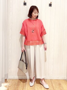 「SHOO・LA・RUE（シューラルー）の【洗濯機可/ひんやり/体型カバー/S-LL】レース使いがポイント デザインTシャツ（Tシャツ/カットソー、オレンジ系）」を使った、あいこさん（レディース・157cm）の春コーディネート