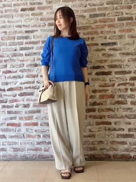「THE SHOP TK （ザ ショップ ティーケー ）の【S-XL/ひんやりタッチ】美しさ際立つ 6分袖ニット 洗濯機OK/UVケア/毛玉になりにくい（ニット/セーター、ブルー系）」を使った、tokiさん（レディース・155cm）の春コーディネート