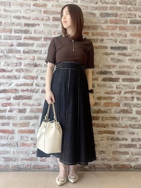 「THE SHOP TK （ザ ショップ ティーケー ）のさりげないフリルがアクセント チェック柄5分袖カットソー（Tシャツ/カットソー、ブラウン系）」を使った、tokiさん（レディース・155cm）の春コーディネート