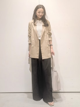 「OPAQUE.CLIP（オペークドットクリップ）の【UVケア/接触冷感】ダブルブレストジャケット《防シワ加工/洗える》（テーラードジャケット、ベージュ系）」を使った、machiさん（レディース・157cm）の春コーディネート