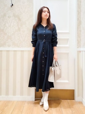 「grove（グローブ）のサイドプリーツシャツワンピース（ワンピース、ブルー系）」を使った、Nakaさん（レディース・163cm）の春コーディネート