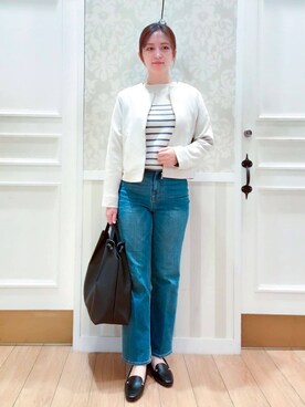 「grove（グローブ）のスエードライクノーカラージャケット（ブルゾン、ホワイト系）」を使った、Nakaさん（レディース・163cm）の春コーディネート