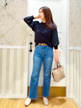 「grove（グローブ）のサテンコンビボリュームスリーブニット（ニット/セーター、ブルー系）」を使った、Nakaさん（レディース・163cm）の春コーディネート