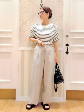 「grove（グローブ）のロープベルトで差がつく 洗練リラックスパンツ（その他パンツ、ベージュ系）」を使った、Nakaさん（レディース・163cm）の夏コーディネート