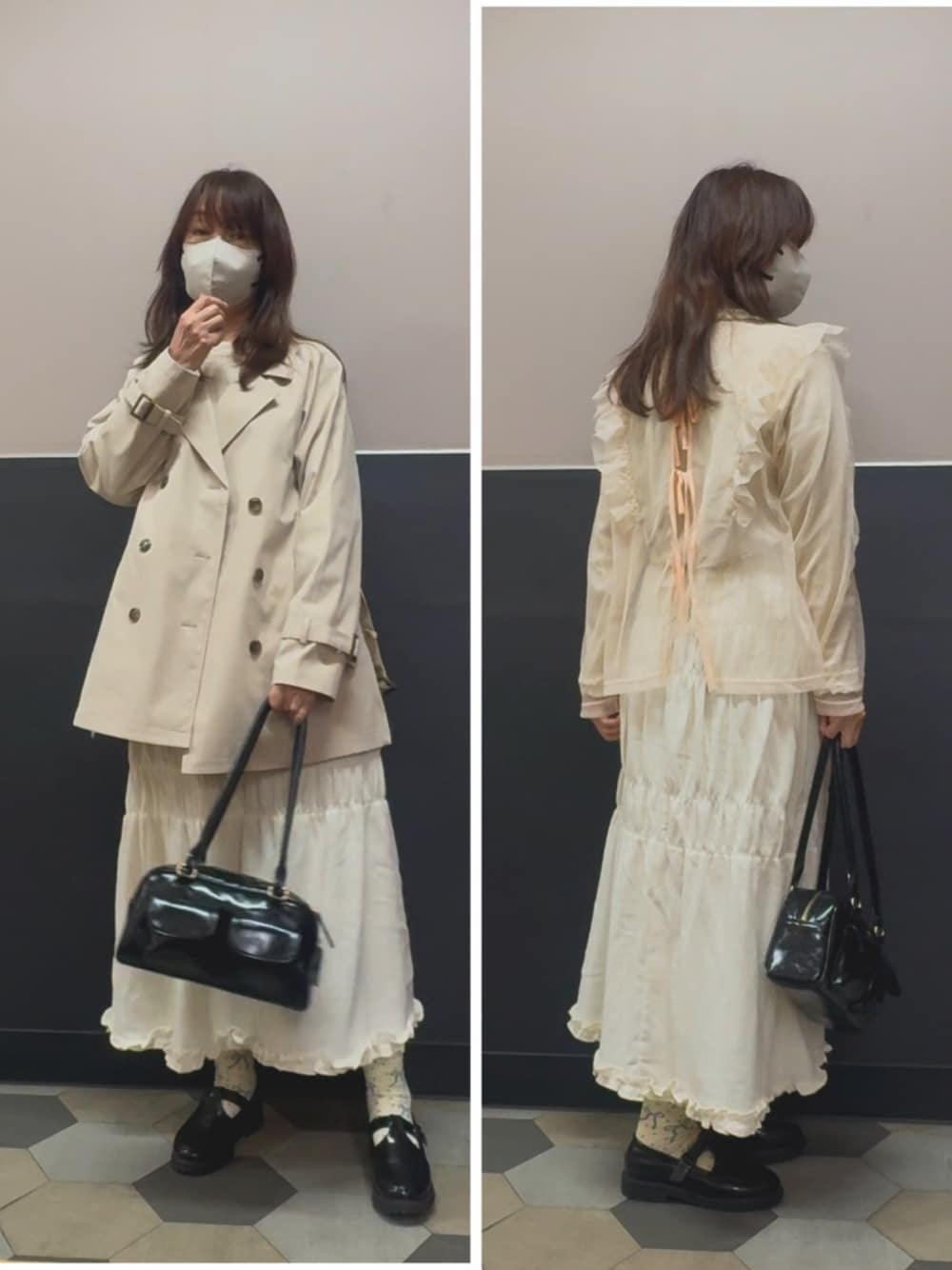 「春めき満開コーデ、ジャケット、トレンチコート、シースルートップス、レイヤードスタイル、ガ―リ―スカ―ト、大人女子、アラカン、58歳、アダルトおカワたん部、ローファー×靴下」｜「Honeysの撥水加工ハーフ丈トレンチコート（トレンチコート、ベージュ系）」を使った、hito さん（レディース・164cm）の春コーディネートの1枚目の写真