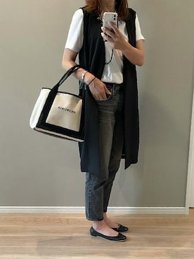 「ブラックデニム」｜「アイテム（ノーカラージャケット）」を使った、a.megumiさん（レディース・160cm）の秋コーディネート