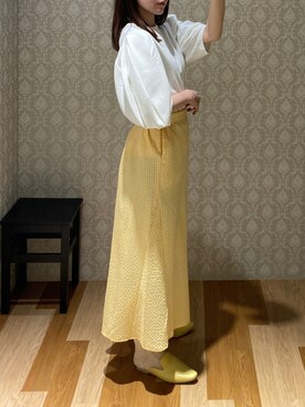 「Green　Parks（グリーンパークス）の【予約】armonia.袖ボリュームニットプルオーバー（トップス、ホワイト系）」を使った、hinacoさん（レディース・163cm）の春コーディネート