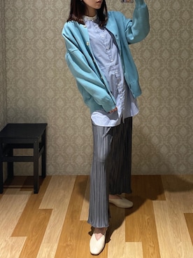 「Green　Parks（グリーンパークス）のストライプクレリックシャツ（シャツ/ブラウス、ブルー系）」を使った、hinacoさん（レディース・163cm）の春コーディネート