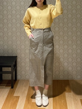 「Green　Parks（グリーンパークス）の・furry rate 2wayかる~いニットカーデ（カーディガン/ボレロ、イエロー系）」を使った、hinacoさん（レディース・163cm）の春コーディネート