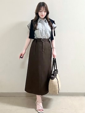 「Reflect（リフレクト）の【接触冷感】フレンチスリーブシャツブラウス（シャツ/ブラウス、ブラック系）」を使った、maiさん（レディース・153cm）の夏コーディネート