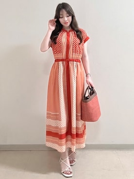 「Reflect（リフレクト）の幾何学柄フレンチスリーブワンピース（ワンピース、オレンジ系）」を使った、maiさん（レディース・153cm）の夏コーディネート