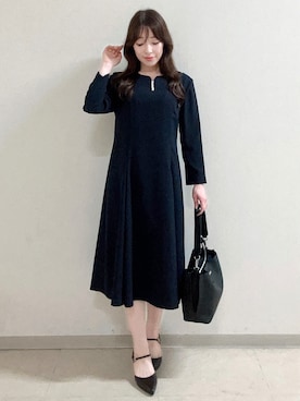 「Reflect（リフレクト）の【SS-4Lサイズ】パール調パーツデザイン ノーカラーワンピース（ワンピース、ブルー系）」を使った、maiさん（レディース・153cm）の秋コーディネート