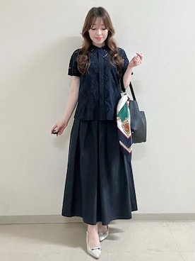 「Reflect（リフレクト）の【通勤◎】カットワーク刺繍レース シャツブラウス（シャツ/ブラウス、ブルー系）」を使った、maiさん（レディース・153cm）の秋コーディネート