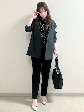 「Reflect（リフレクト）の【セットアップ／手洗い可】ドット柄シアーブラウス（シャツ/ブラウス、ブラック系）」を使った、maiさん（レディース・153cm）の秋コーディネート